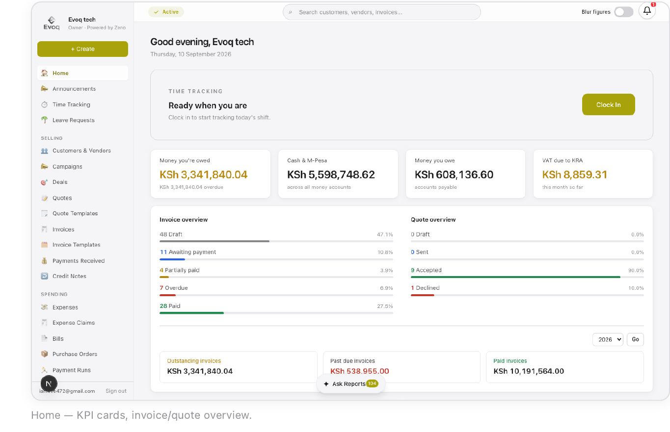Home dashboard — KPI cards, invoice/quote overview