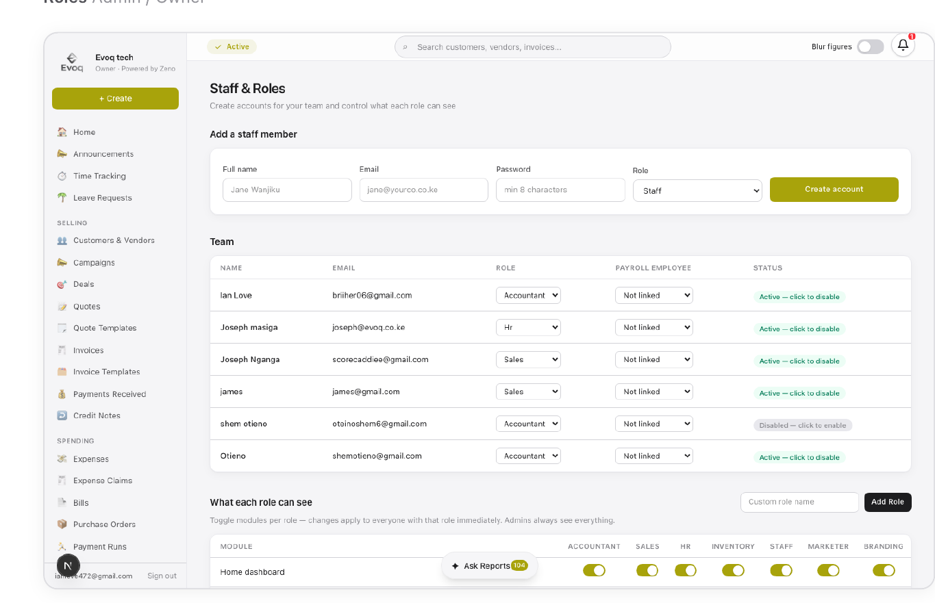 Staff & Roles — the full permission matrix, live