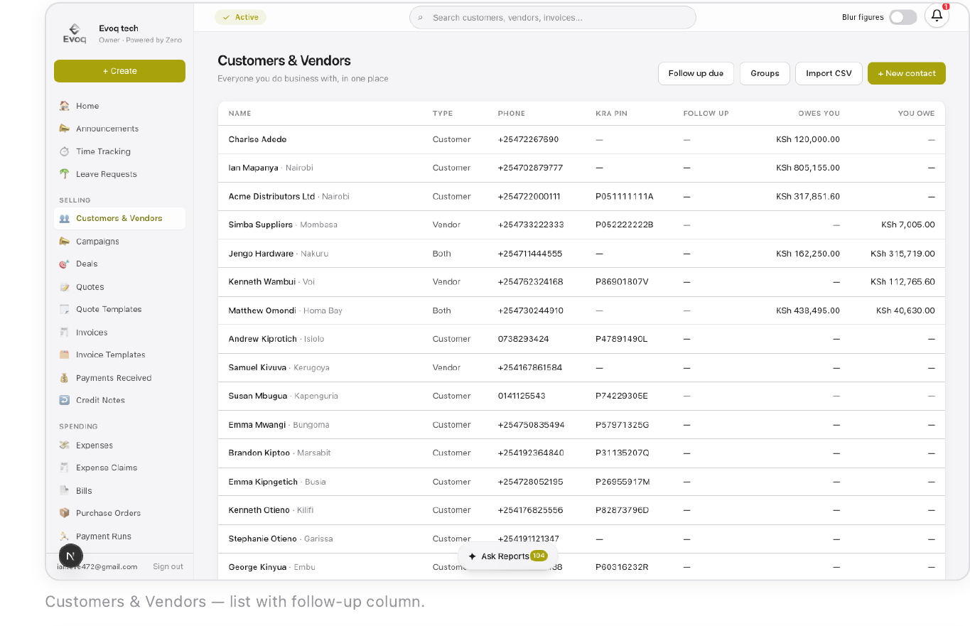 Customers & Vendors list