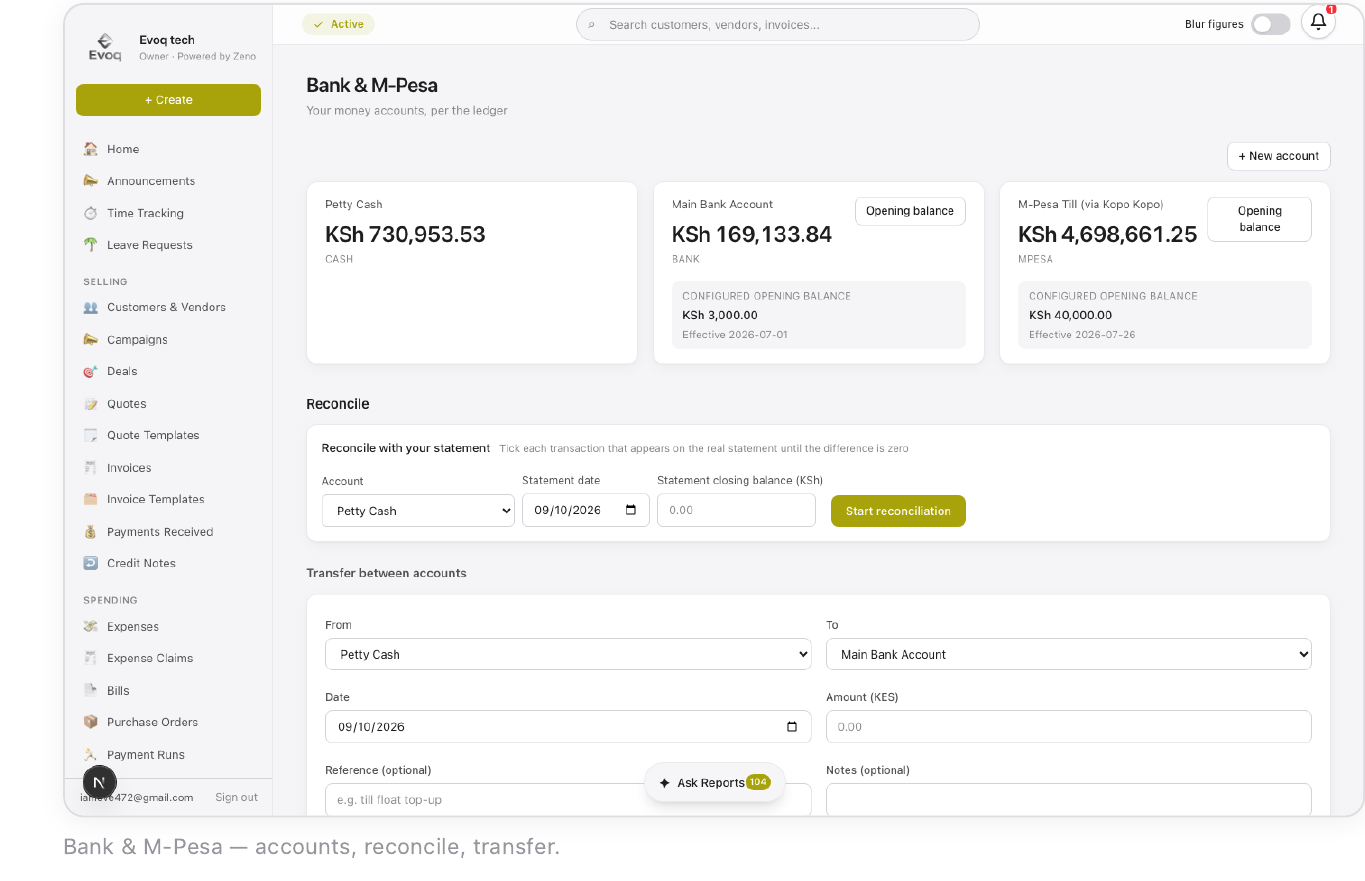 Bank & M-Pesa — accounts, reconcile, transfer